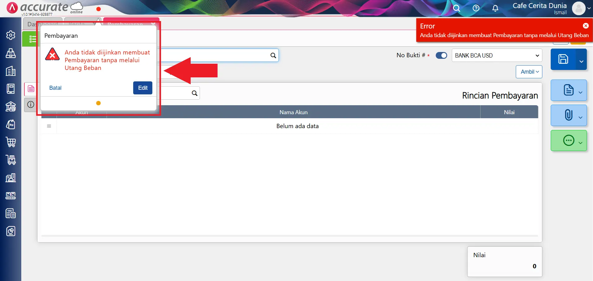 Solusi error bayar beban tanpa utang